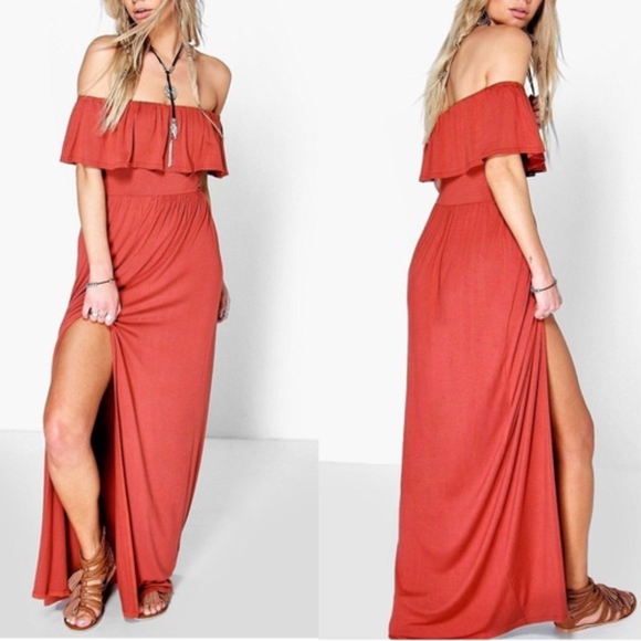 burnt orange off shoulder dress